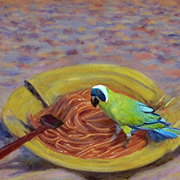 An impressionist painting of a parakeet eating spaghetti in the desert 2