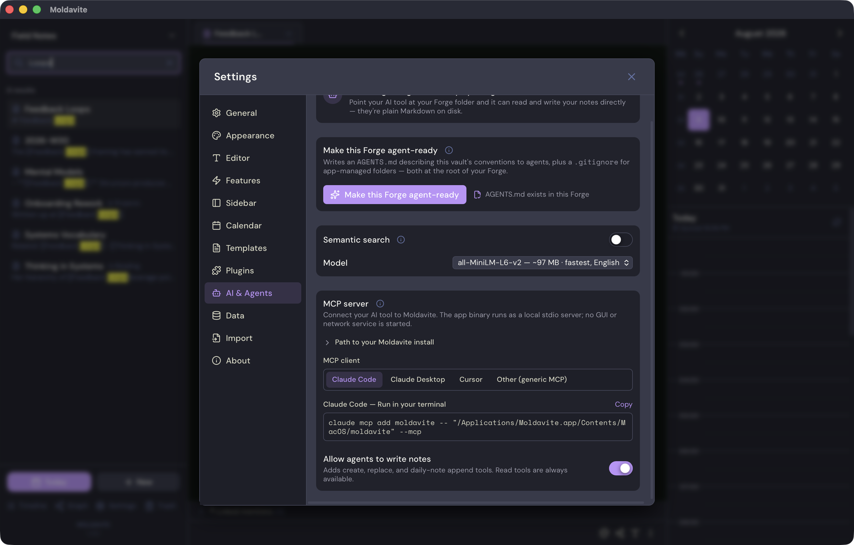 The AI and Agents settings panel, showing the MCP setup command and the write-tools switch
