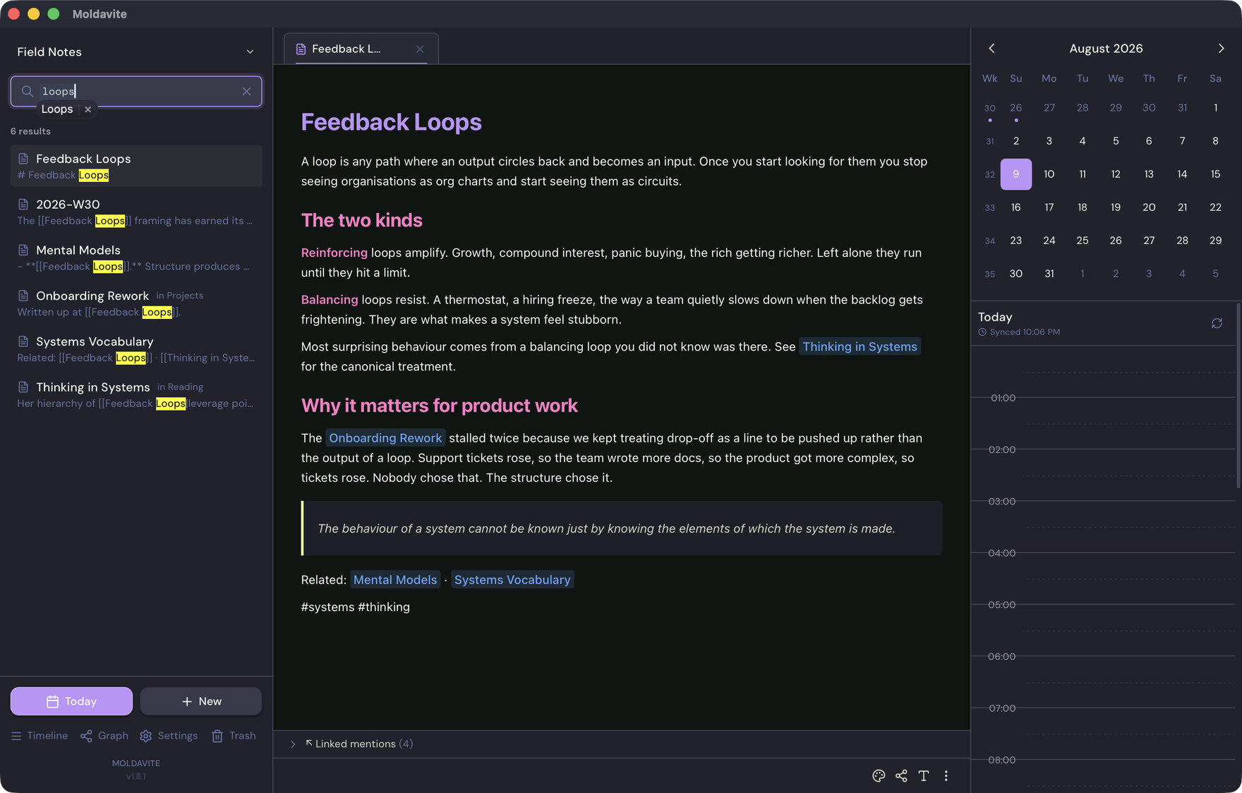 Searching notes, with matches highlighted in context
