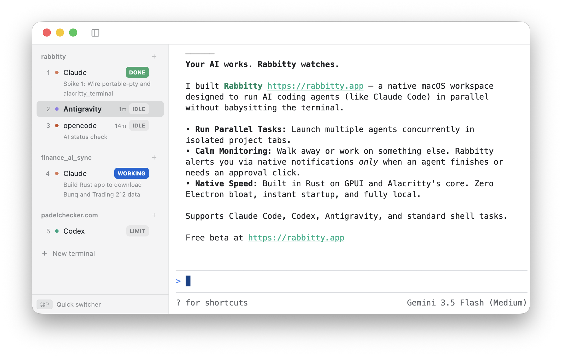 Rabbitty — coordinating multiple AI coding agents in parallel worklanes