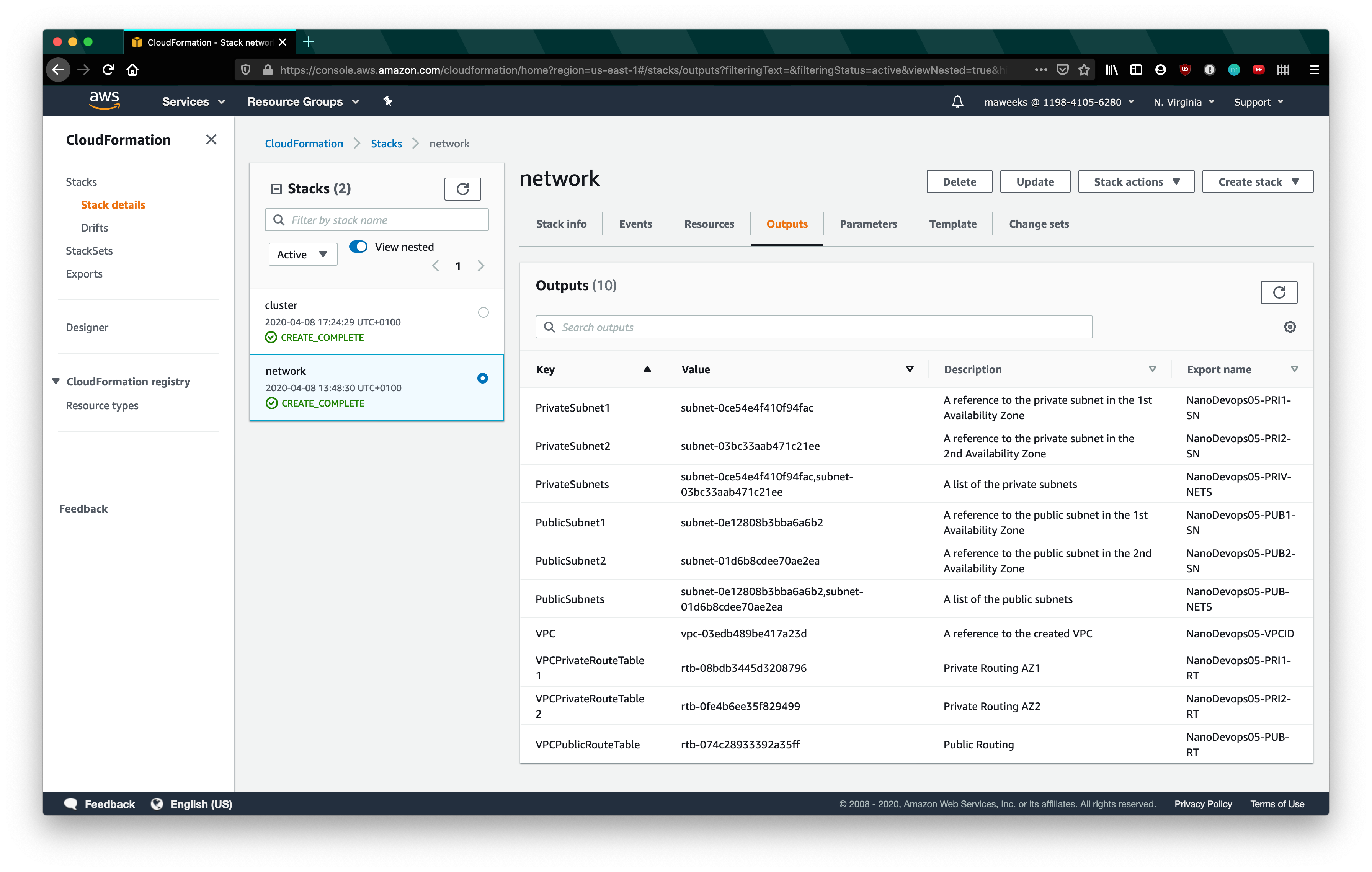 CloudFormation network stack outputs