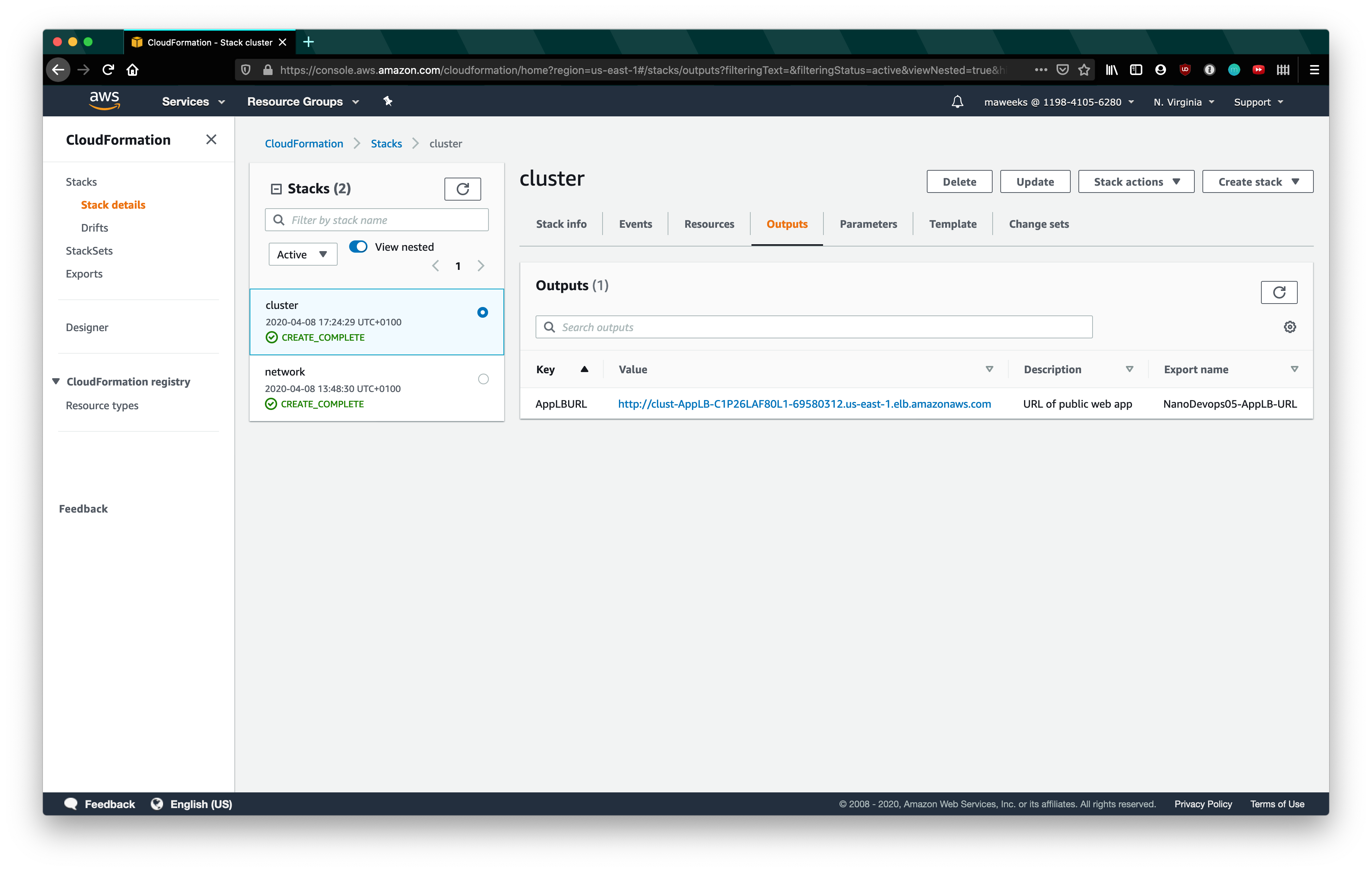 CloudFormation cluster stack outputs