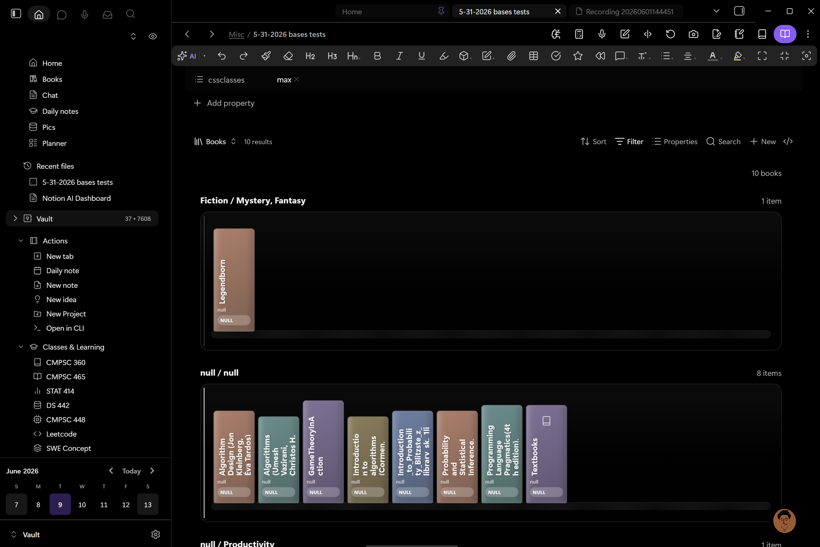 NN Bridge customizing the Notebook Navigator pane with custom sections, command shortcuts, and a calendar embed
