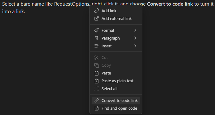 The editor right-click menu showing Find and convert to link and Find and open code