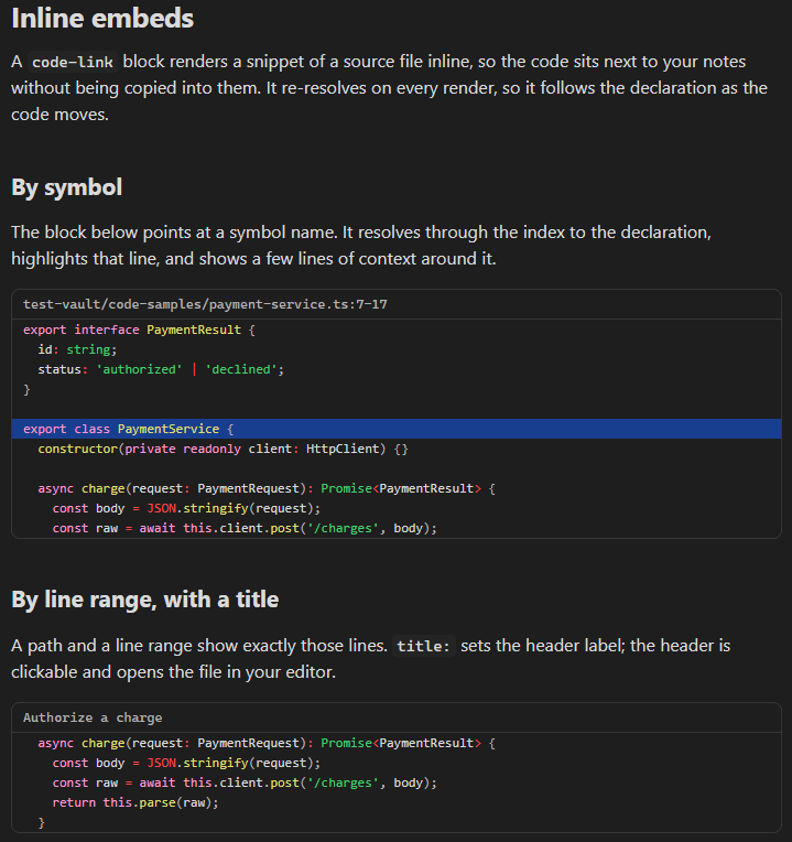 Two rendered code-link embeds: a symbol resolved to its declaration with the line highlighted, and a titled line range