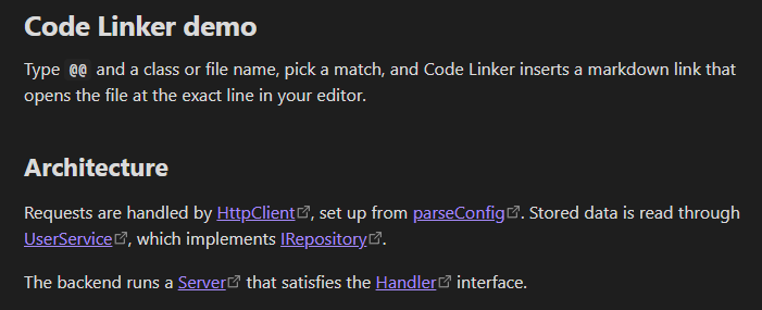 A note with a code reference autocompleted and turned into a deep-link