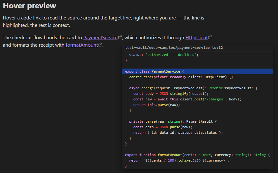 The hover preview popover over a code link, showing the source around the target line with that line highlighted
