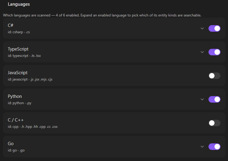 The Languages setting: each language with its file extensions and an enable toggle