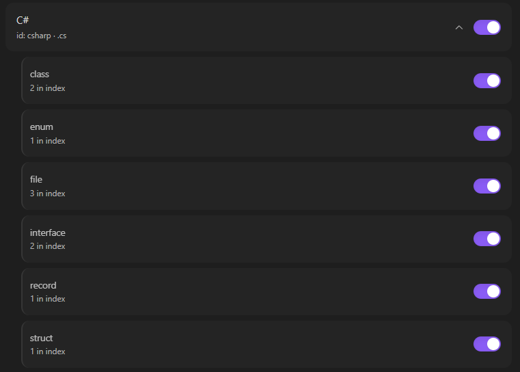 A language expanded to show its entity kinds, each with a count and an enable toggle