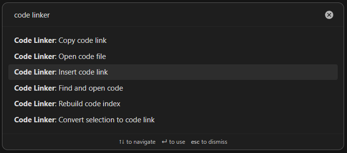 The command palette filtered to the Code Linker commands