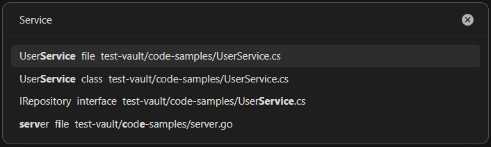 The full-screen fuzzy picker listing indexed files and types