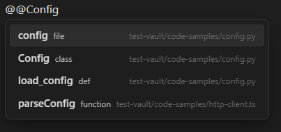 The autocomplete dropdown after typing the trigger and a fuzzy query
