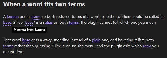 A word with a wavy underline and a tooltip listing both matching terms