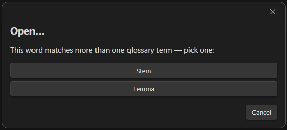 The picker shown when acting on an ambiguous word