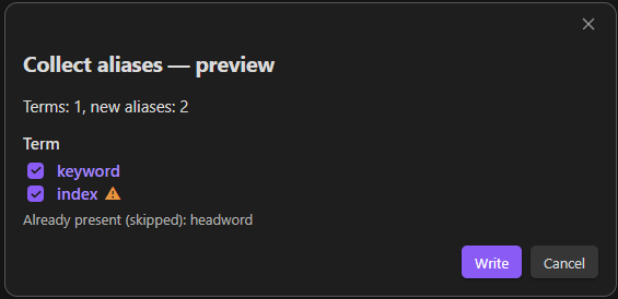 The collect-aliases preview: new aliases with checkboxes, a collision flagged with a warning, and skipped candidates listed below
