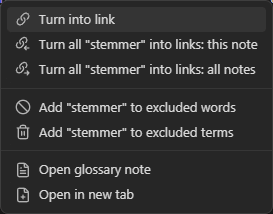 The right-click menu on a highlighted term