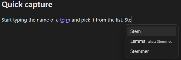 The link-suggestion popup while typing, listing matching terms
