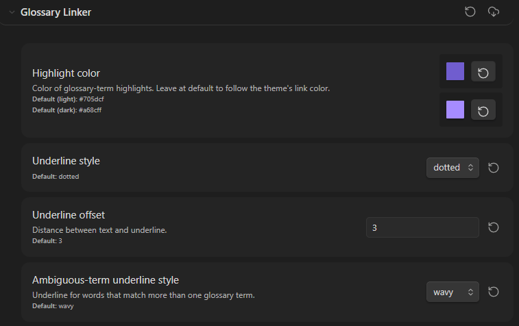 The Glossary Linker section in the Style Settings plugin