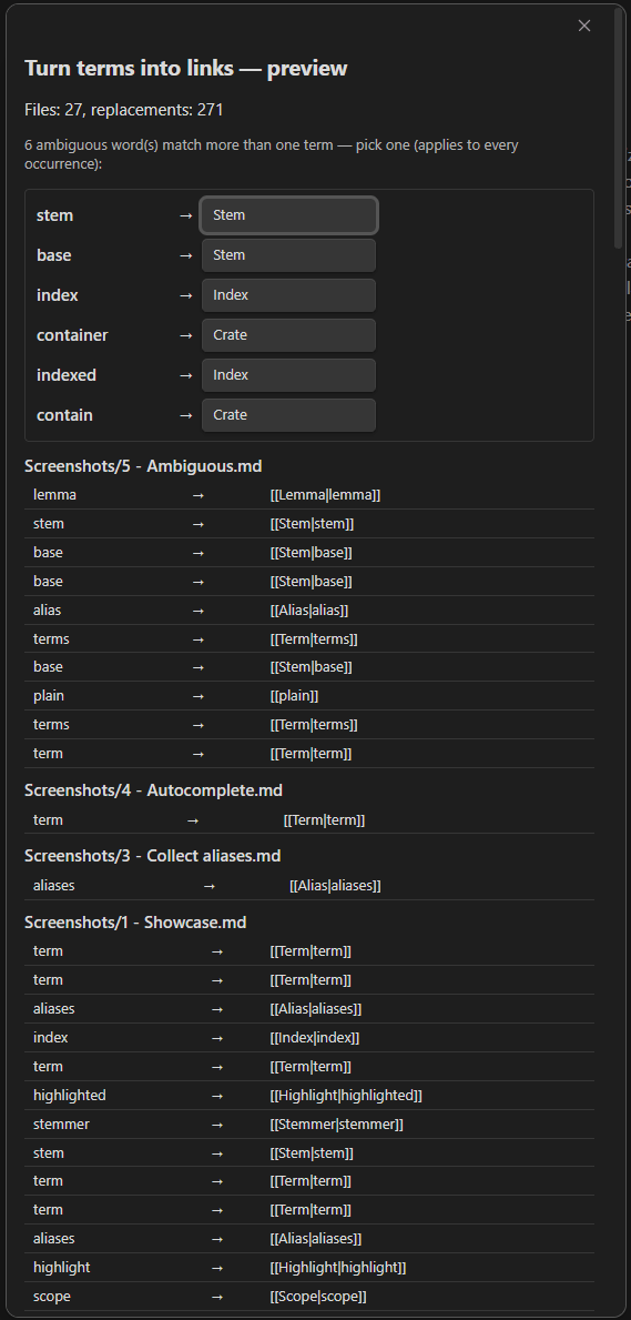 The all-notes preview: ambiguous words resolved at the top, then replacements grouped by file