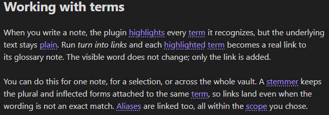 Terms highlighted but the text is still plain