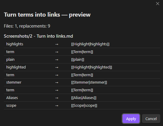 The preview dialog listing each replacement before it is written