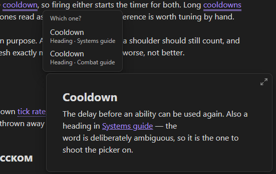 A word with a distinct underline and a tooltip listing both matching headings with the file each lives in