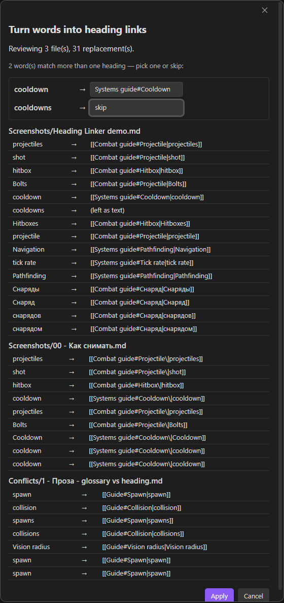 The all-notes preview: replacements grouped by file, each with its own checkbox