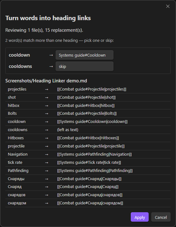 The preview dialog listing each replacement before it is written