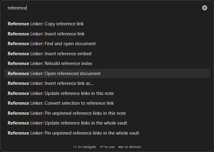 The command palette filtered to the Reference Linker commands