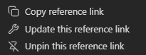 The right-click menu on a reference link, showing the link-specific items