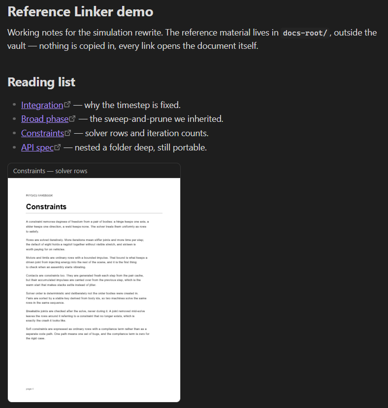 A note linking to sections of a PDF that lives outside the vault, with one page embedded inline