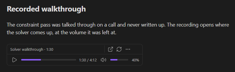 A recording embedded in a note, with the plugin's own transport under the header: play, a filled bar, the clock, and the sound level