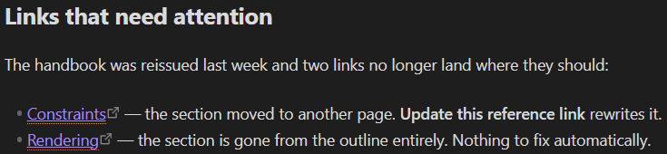 Two marked links: a drifted one underlined in the warning colour, a link to a missing section in the error colour