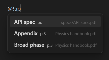The autocomplete dropdown after typing the trigger and a document name
