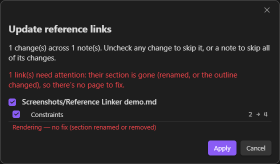 The update preview: each drifted link with its page-to-page change, checkable before anything is written