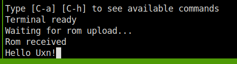 screenshot of picocom showing 'Hello Uxn!'