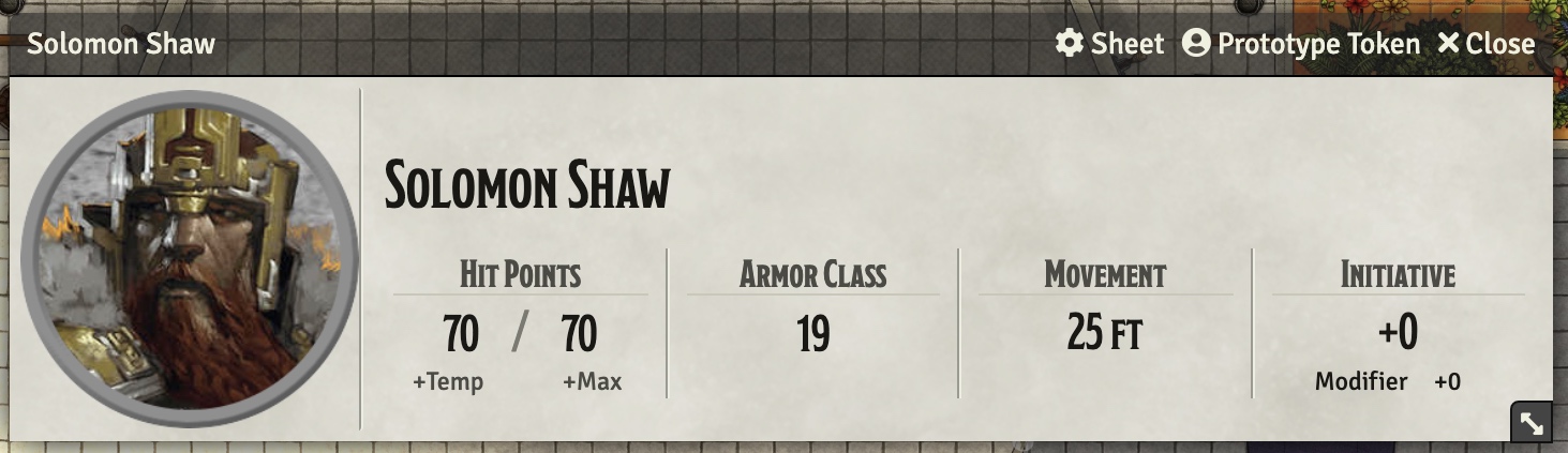 Screenshot of a character in Foundry using the Slim Character Sheet for 5th Edition