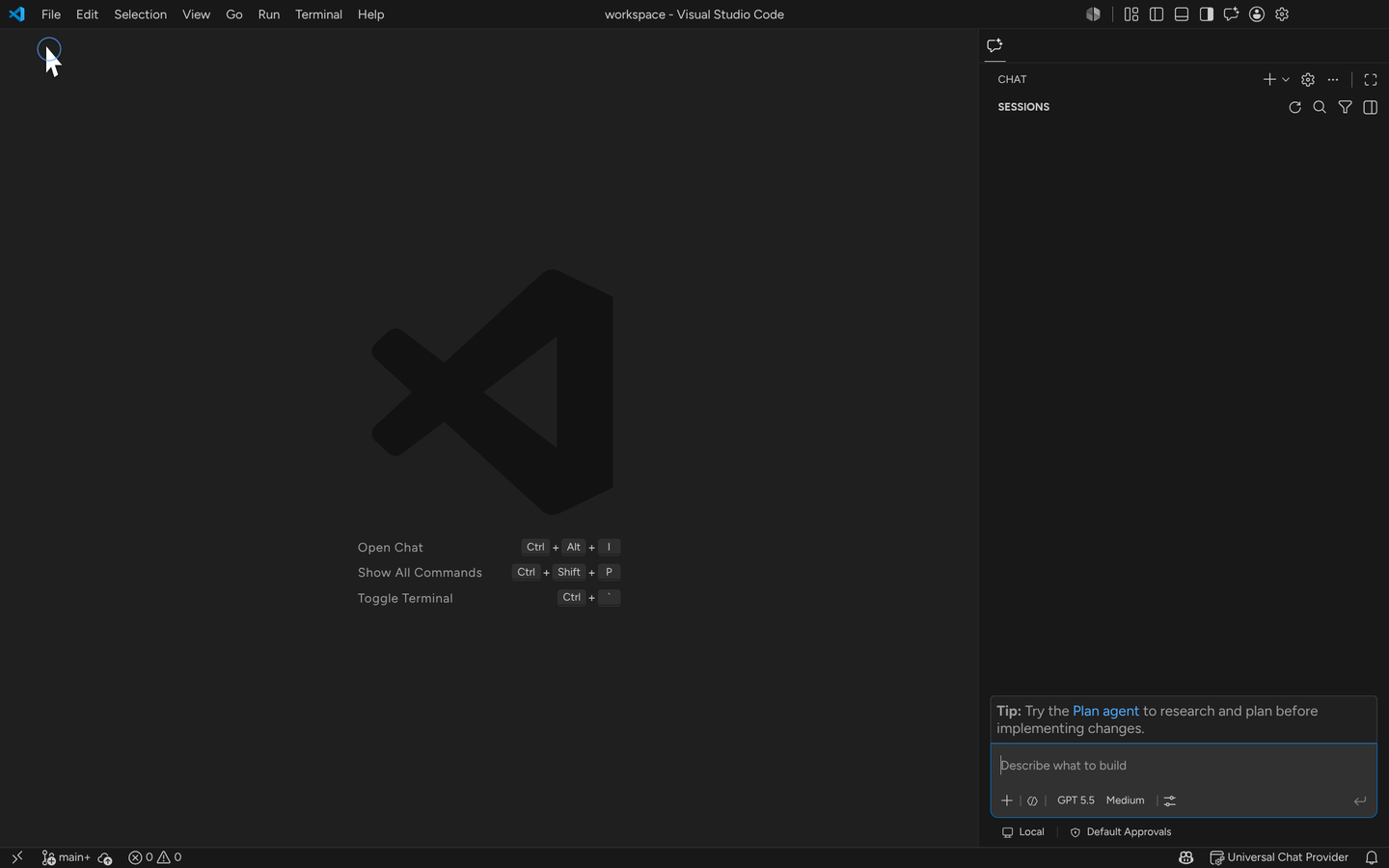 Universal Chat Provider showcase: connect subscription accounts, choose chat models and reasoning effort, inspect quota, configure a utility model, and generate a Git commit message