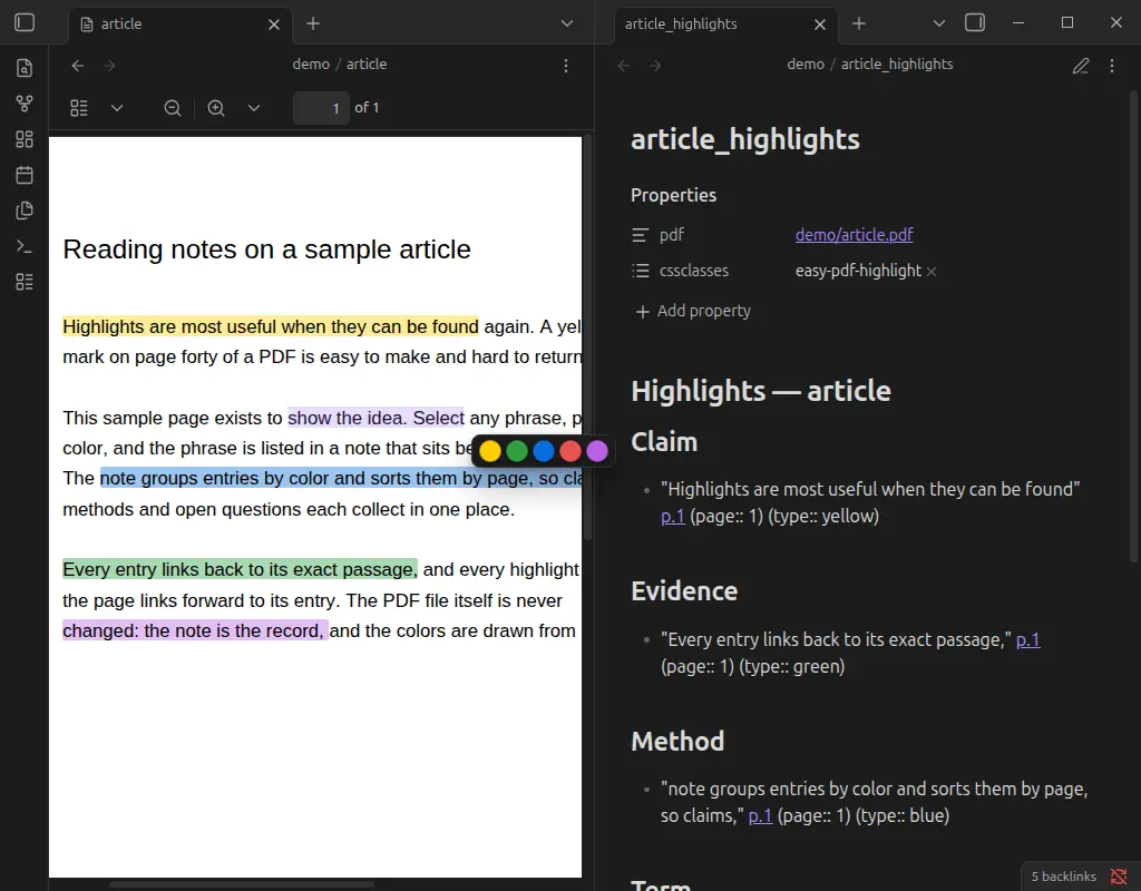 Selecting text in a PDF shows a color palette; the note beside it lists highlights grouped by color