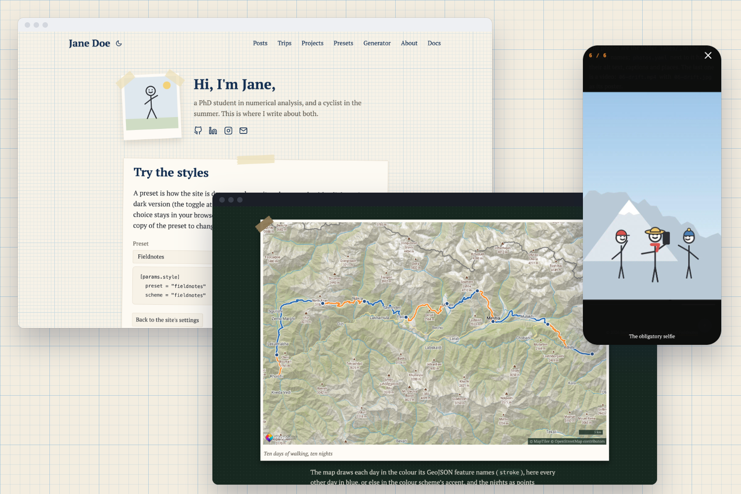 Fieldnotes: a home page on graph paper with a taped photo and a card, a trip page with a topographic map of the route, and the photo viewer on a phone showing a portrait photo