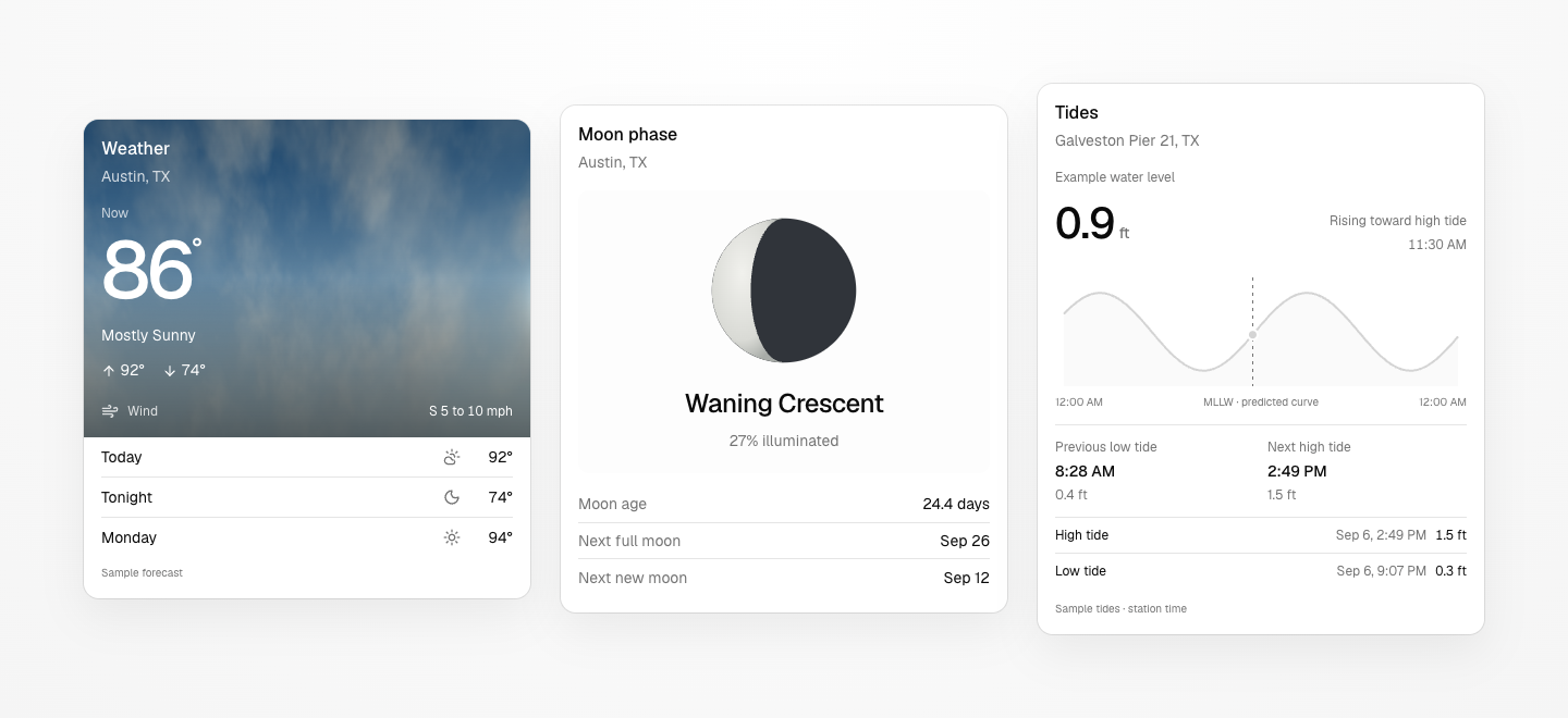 Weather, moon phase, and tide cards with animated skies, lunar illumination, and a tide chart.