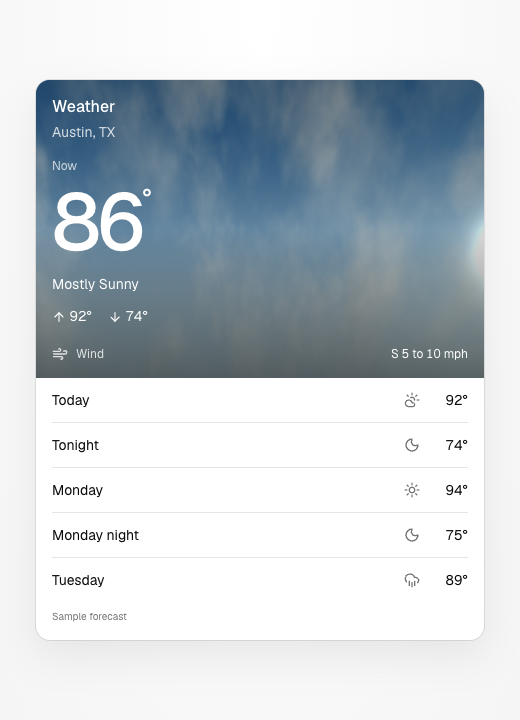 Weather card with current temperature, high and low, and wind over animated clouds, followed by upcoming forecast periods.
