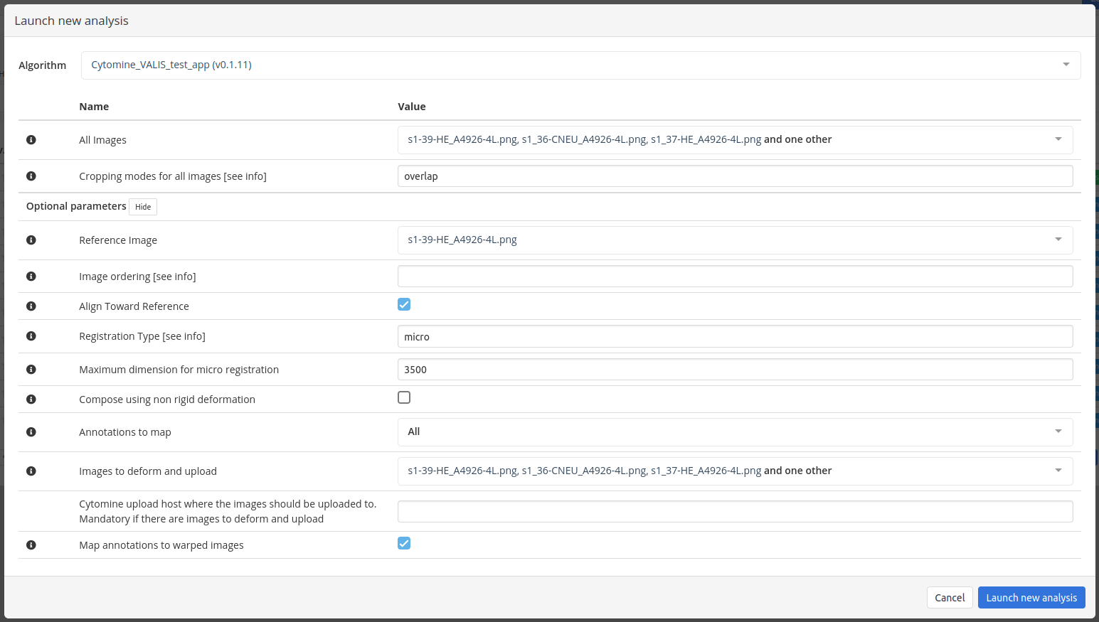 Parameters in the Cytomine App UI