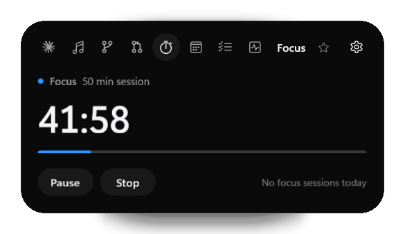 Focus: a running 50-minute session with pause and stop
