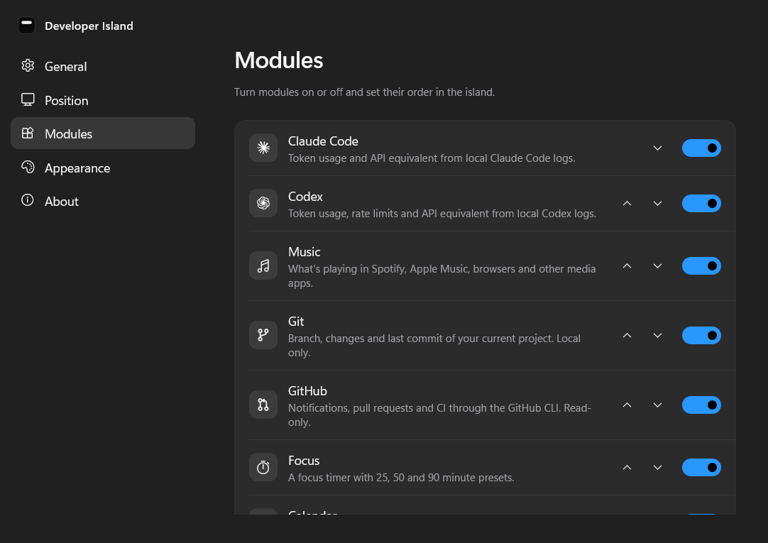 Settings: every module with its order and switch