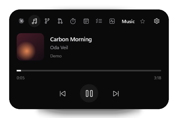 Music: artwork, track, artist, timeline and controls