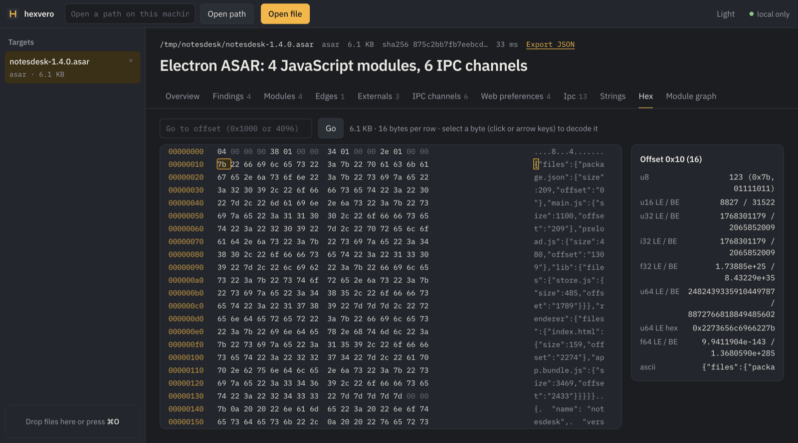 hexvero UI: findings with their source lines, and the hex viewer decoding a selected byte