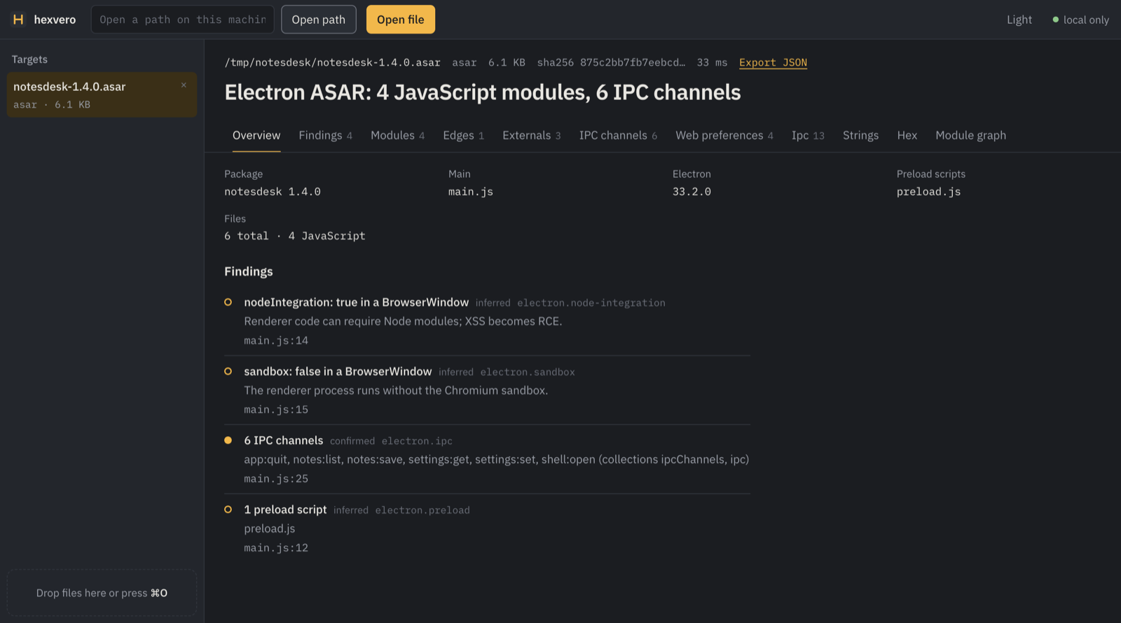 hexvero UI: the overview of an Electron app, each finding with its confidence and source line