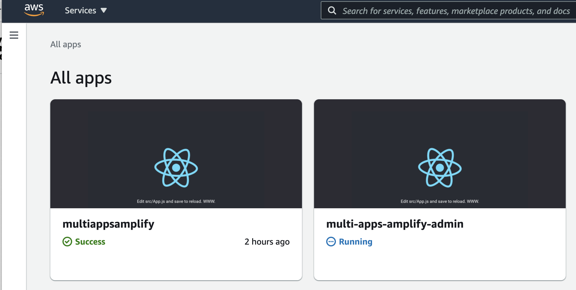 Showing 2 frontend apps in Amplify Console