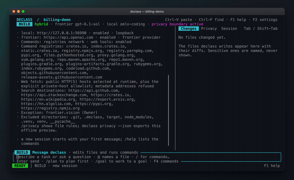 A real Declass session: the task is typed, the agent reads the code while the customer file stays local, fixes the bug and passes the tests; the Privacy panel then shows the customer file was classified sensitive and a password was replaced with a placeholder before the request went out.